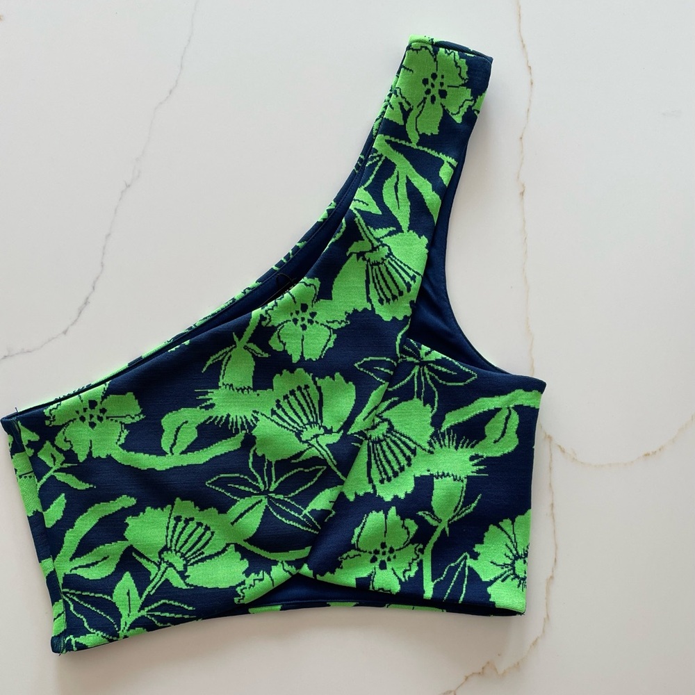 Zara Womens One Shoulder Crop Top Floral Navy Green Print Size Medium NWT